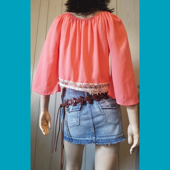 Boho Babe Vintage Retro Coral Chiffon Bell Sleeve Crochet Crop Top - Picture 2 of 8